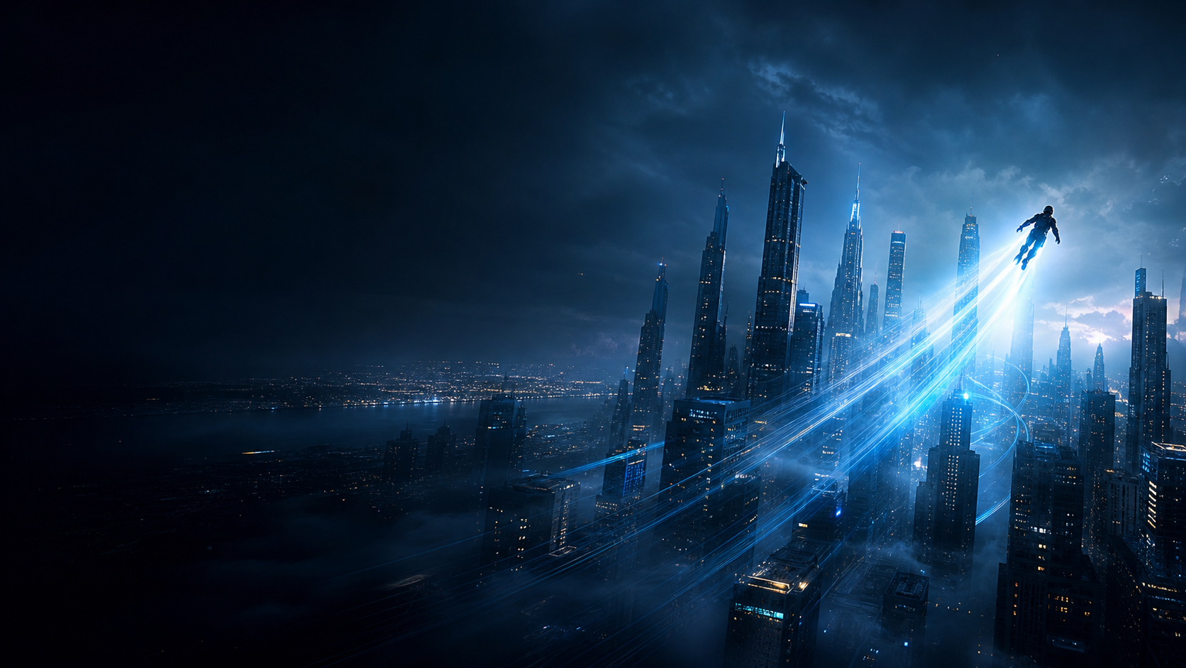 Abstract MagneThrust personal flight concept over a city skyline